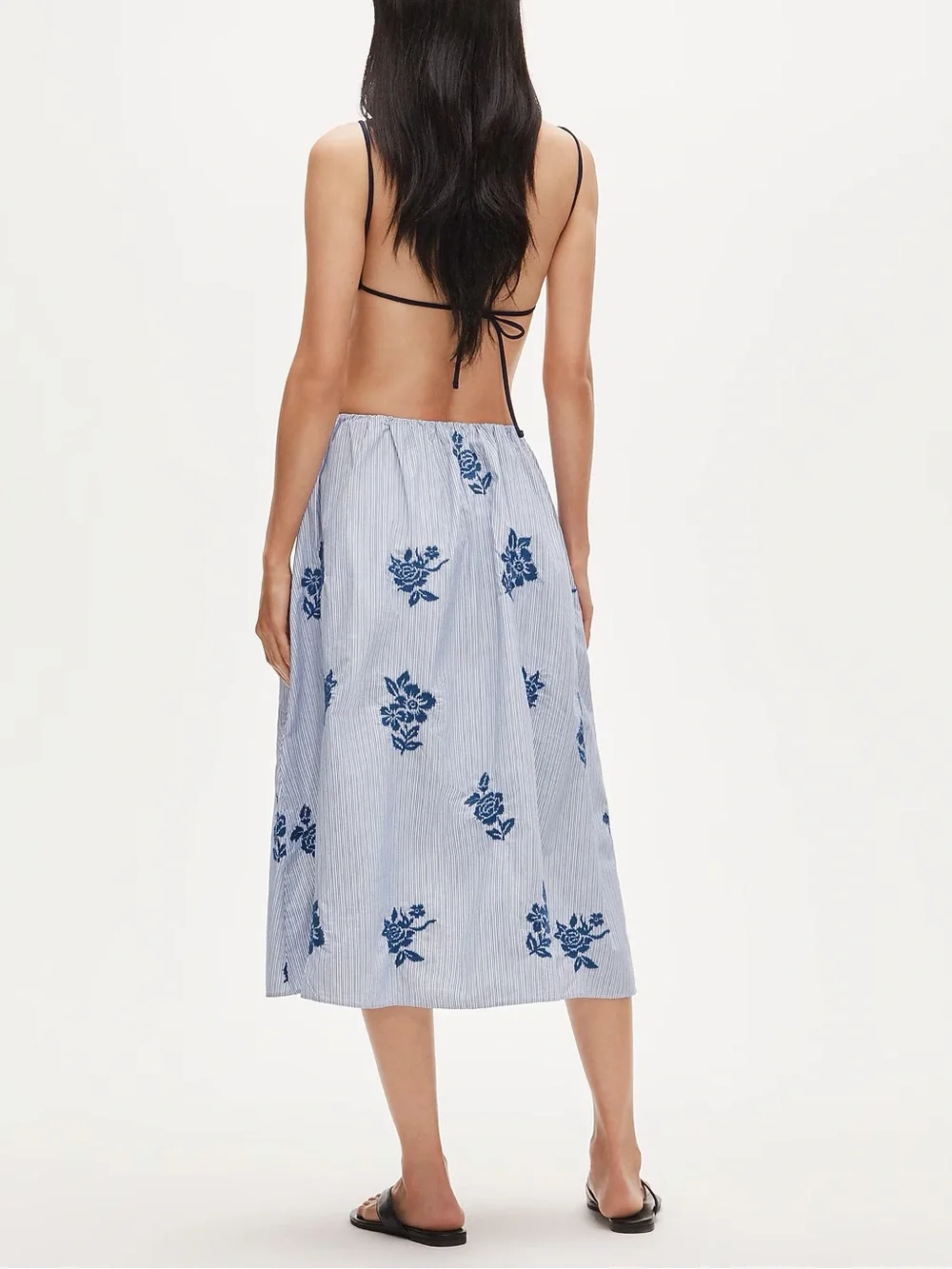 J. Crew Blue Striped Midi Skirt with Navy Floral Embroidery